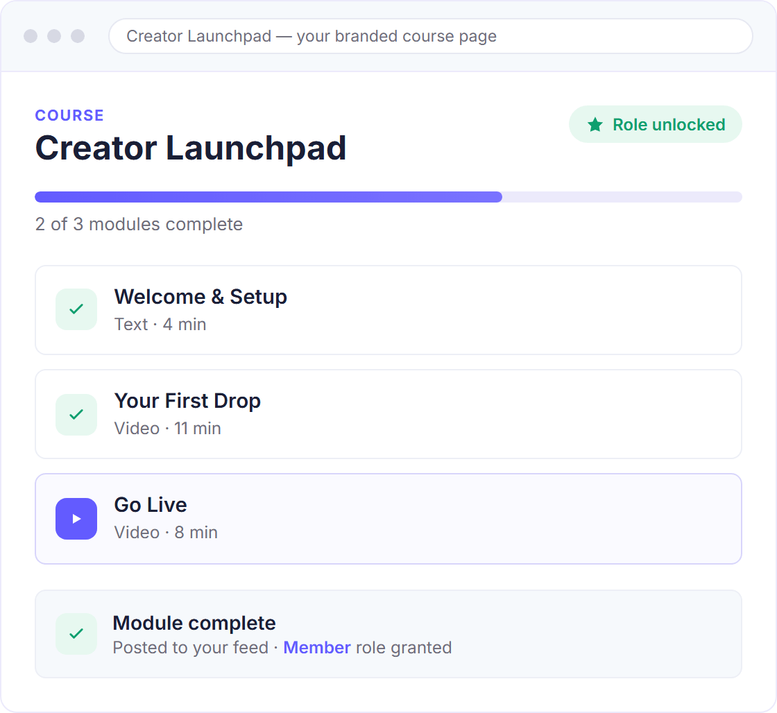 A PayBot branded course page: the 'Creator Launchpad' course with module progress, a play-to-continue lesson, and a 'Role unlocked' reward when a module is completed.