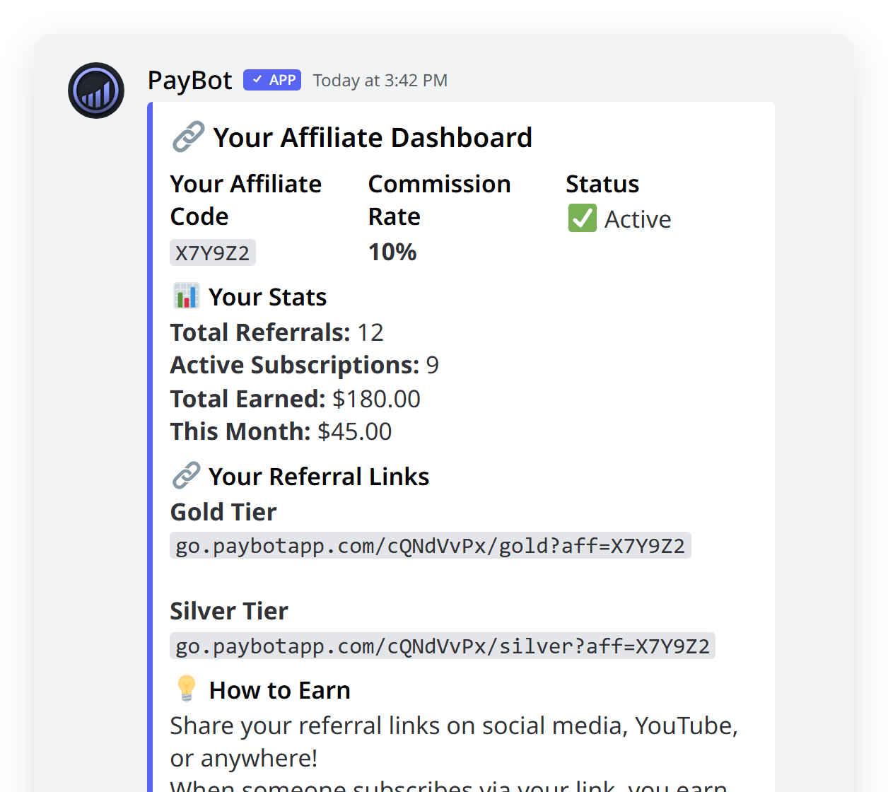 PayBot affiliate dashboard showing referral stats, earnings, and unique affiliate links