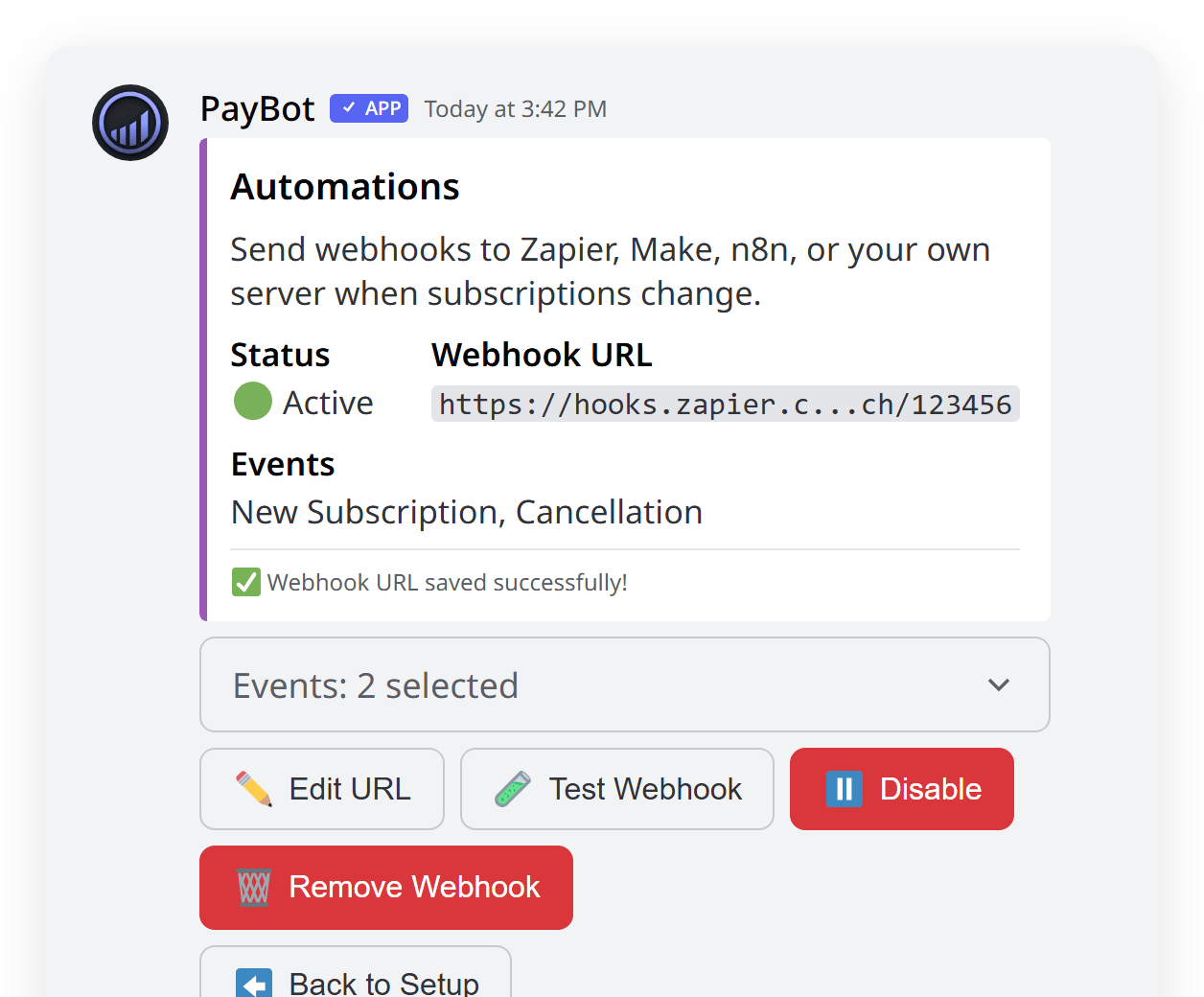 PayBot automation settings for webhooks and welcome DMs