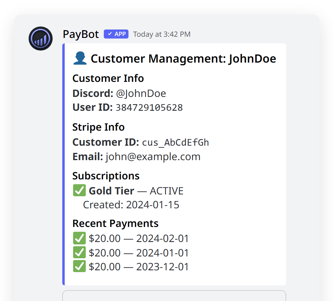 PayBot subscriber management showing active subscriptions and roles