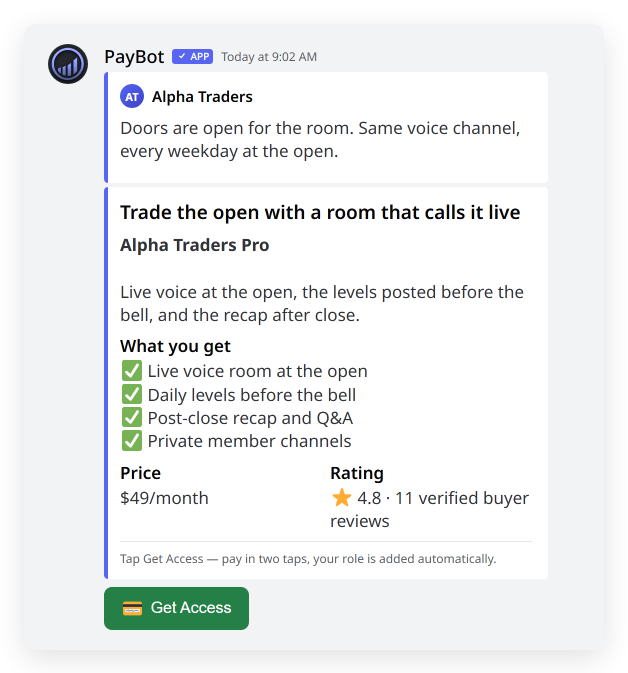 A PayBot promo posted in a Discord channel: a short intro from the server, the offer with its benefits, price, and verified buyer rating, and a green Get Access button that starts checkout without linking an account