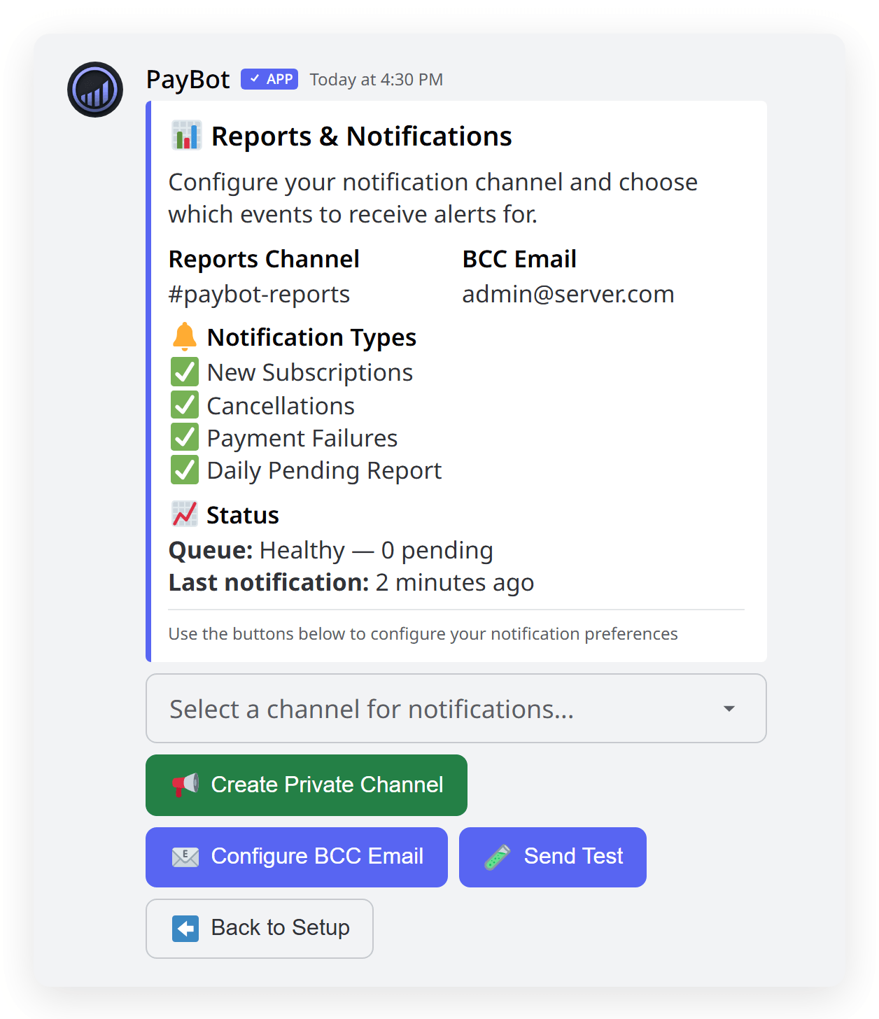 PayBot reports configuration showing notification channel, enabled toggles, and BCC email settings