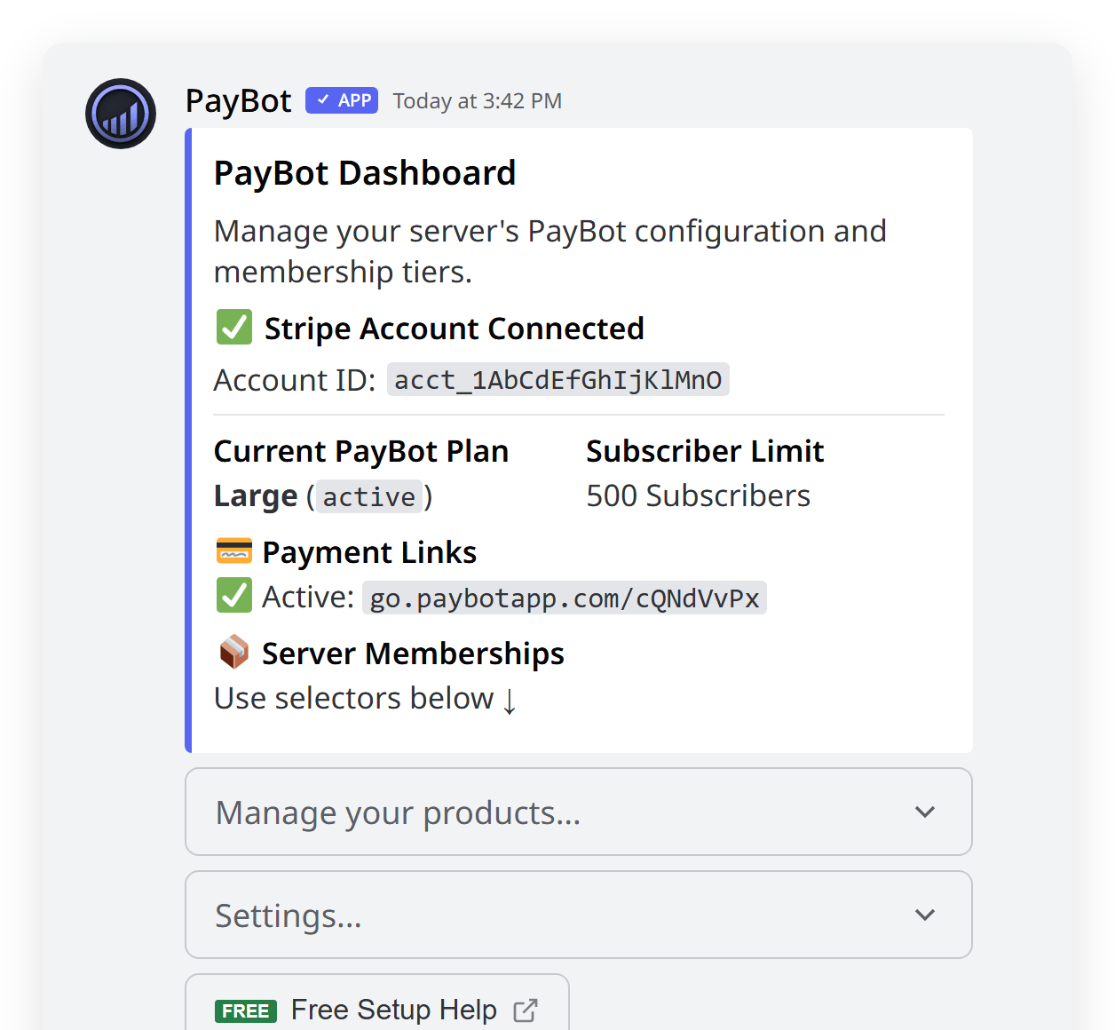 PayBot setup dashboard showing connected Stripe account and plan details