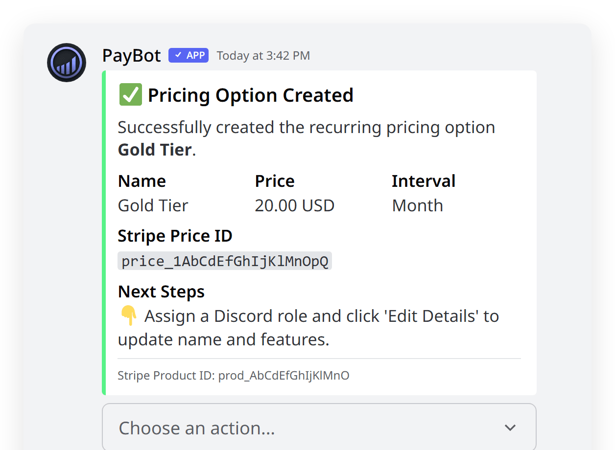 PayBot subscription tier created in Discord with pricing and role assignment