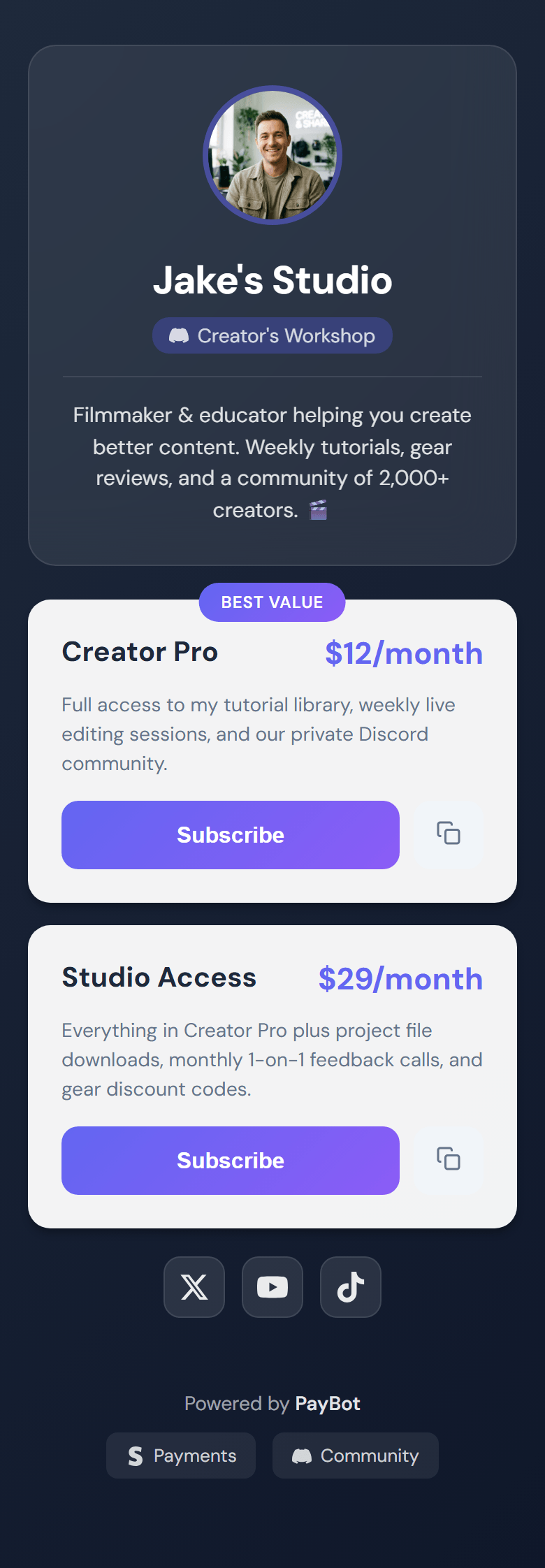 Link in Bio example - dark theme with centered profile