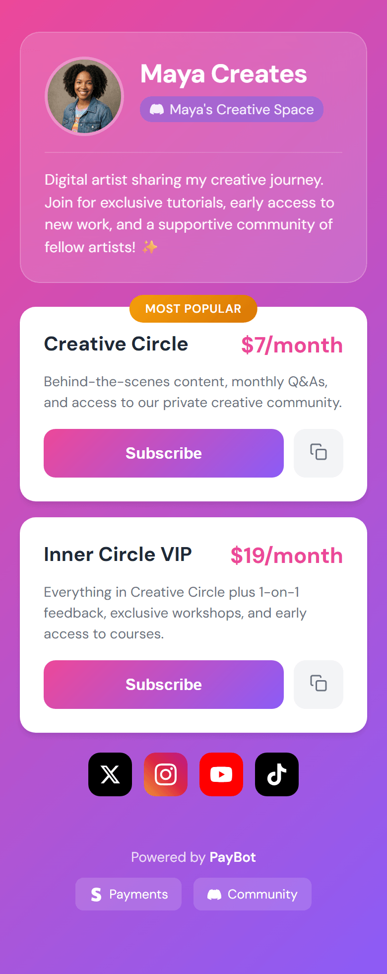 Link in Bio example - light theme with creator profile