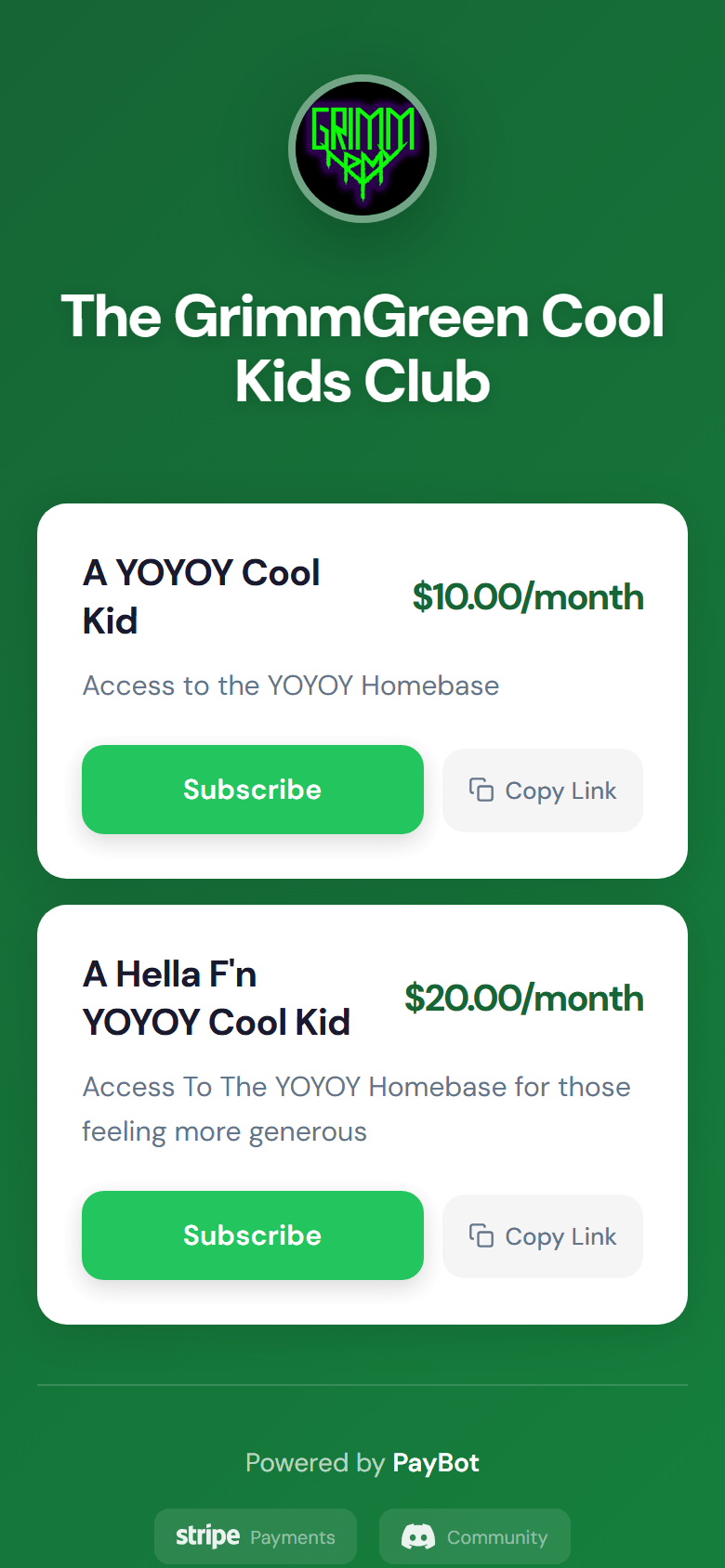PayBot portal page on mobile showing server branding, membership tiers with pricing, and subscribe buttons