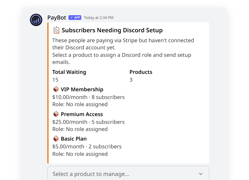 PayBot Stripe migration showing imported subscribers grouped by product