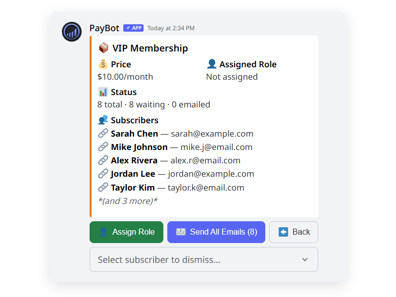 Product detail view showing 8 subscribers for VIP Membership