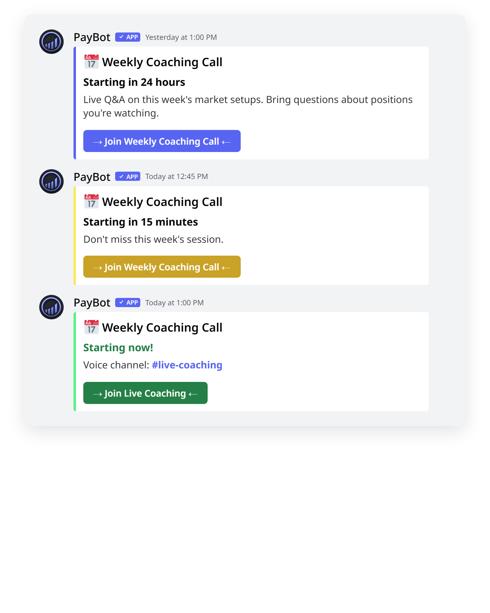 Three PayBot event reminder embeds in Discord — blurple 24-hours-out, gold 15-minutes-out, green starting-now