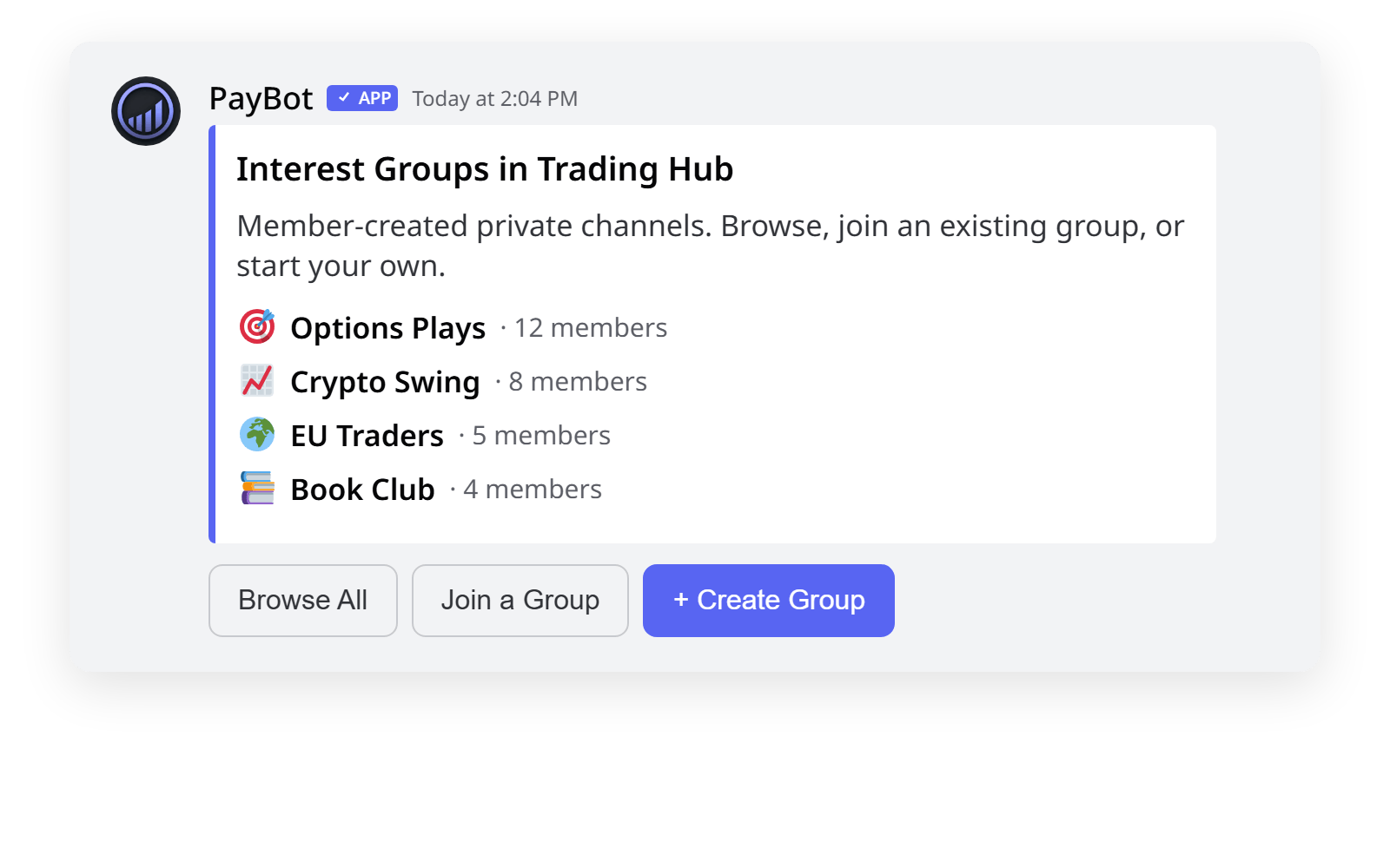 PayBot /groups command dashboard in Discord — interest groups list with browse, join, and create buttons