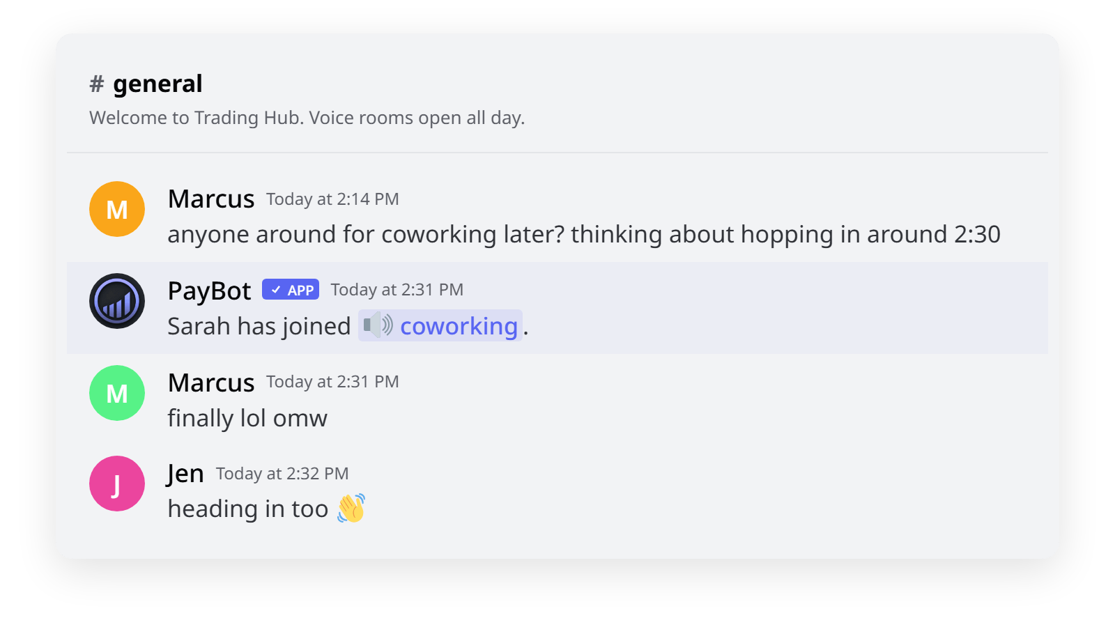 PayBot first-member voice channel join alert in a Discord general channel — Sarah has joined coworking