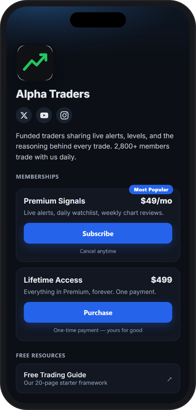 Alpha Traders branded portal on mobile — pricing tiers, bio, and social links