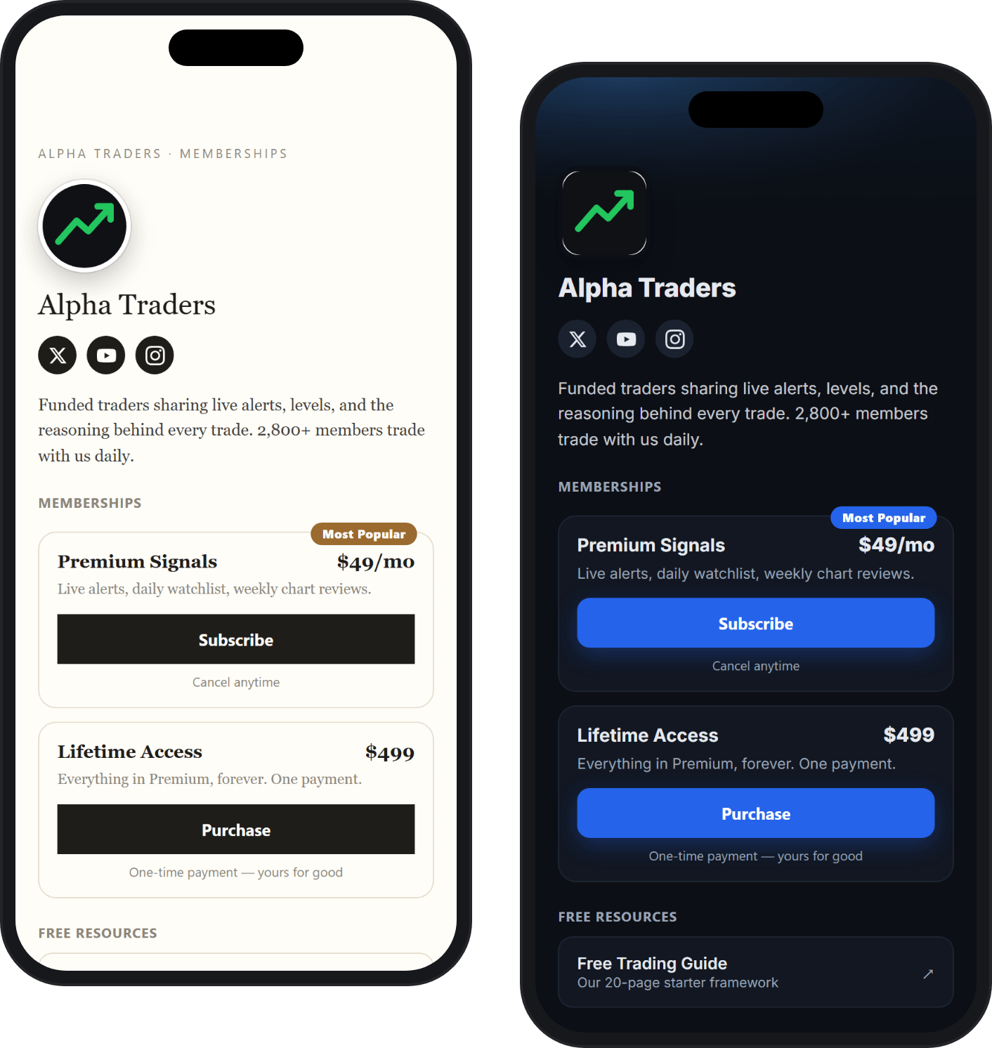 Alpha Traders portal in two Studio templates — the light Letter style and the dark Commerce style, each with pricing tiers, bio, and social links