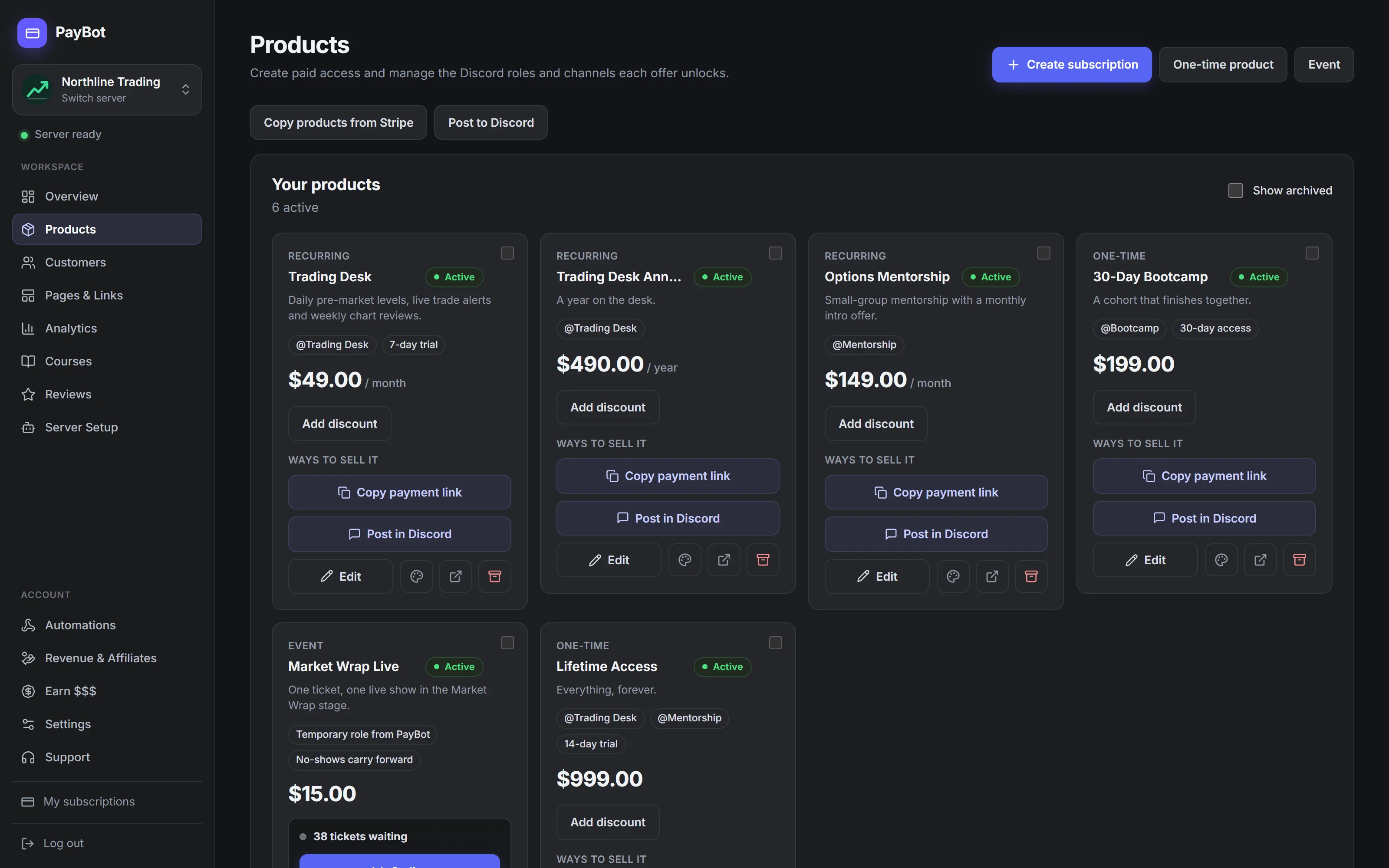 The Products screen with six offers: a monthly membership with a 7-day trial, a yearly plan, a mentorship, a 30-day bootcamp, a ticketed live show and lifetime access with a trial.