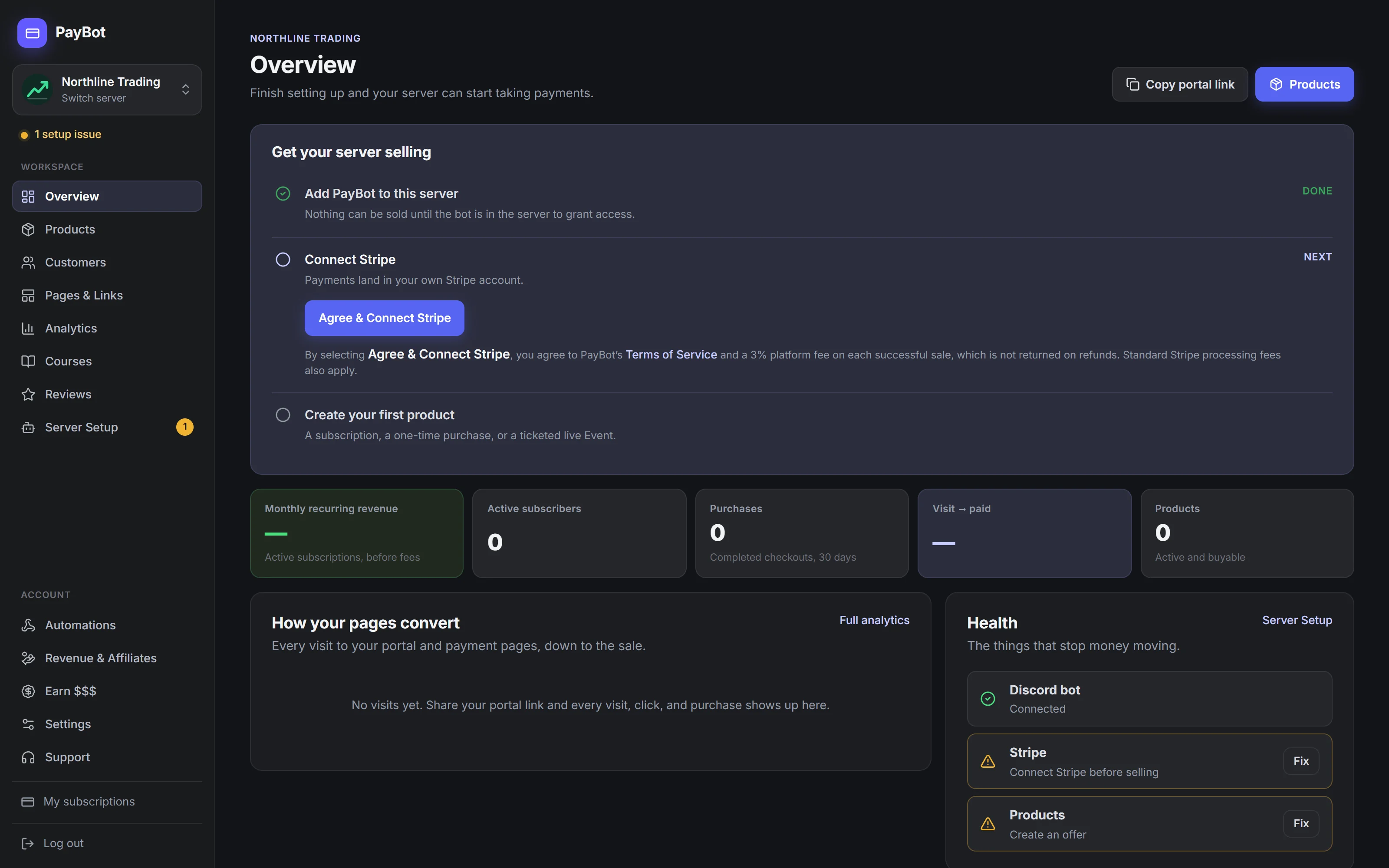 The dashboard's Get your server selling checklist: PayBot added, Connect Stripe next, then Create your first product.