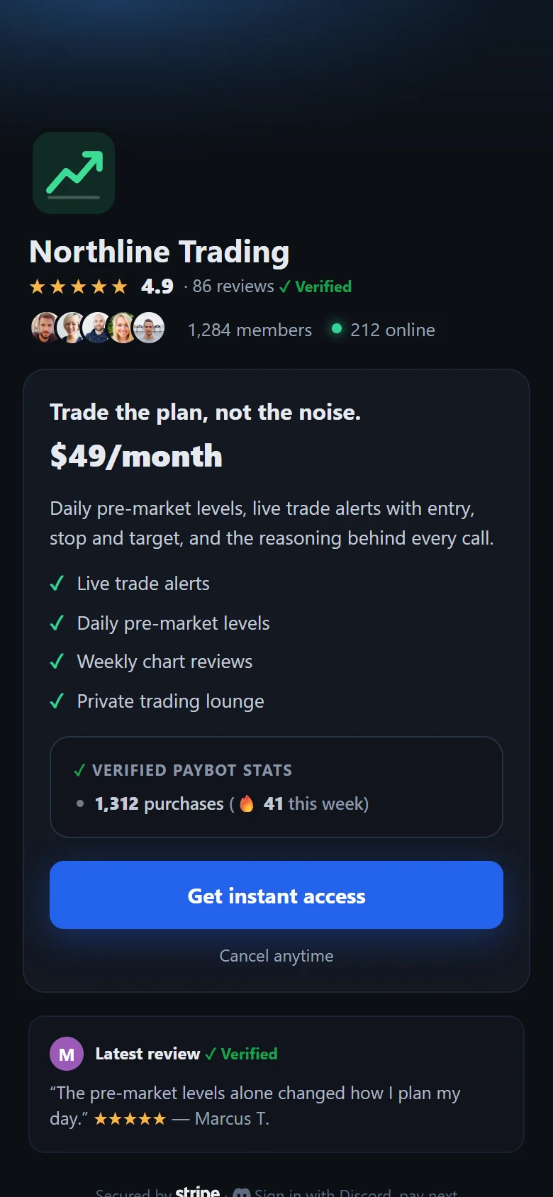 The community's payment page on a phone: rating, live member count, benefits and a Get instant access button.