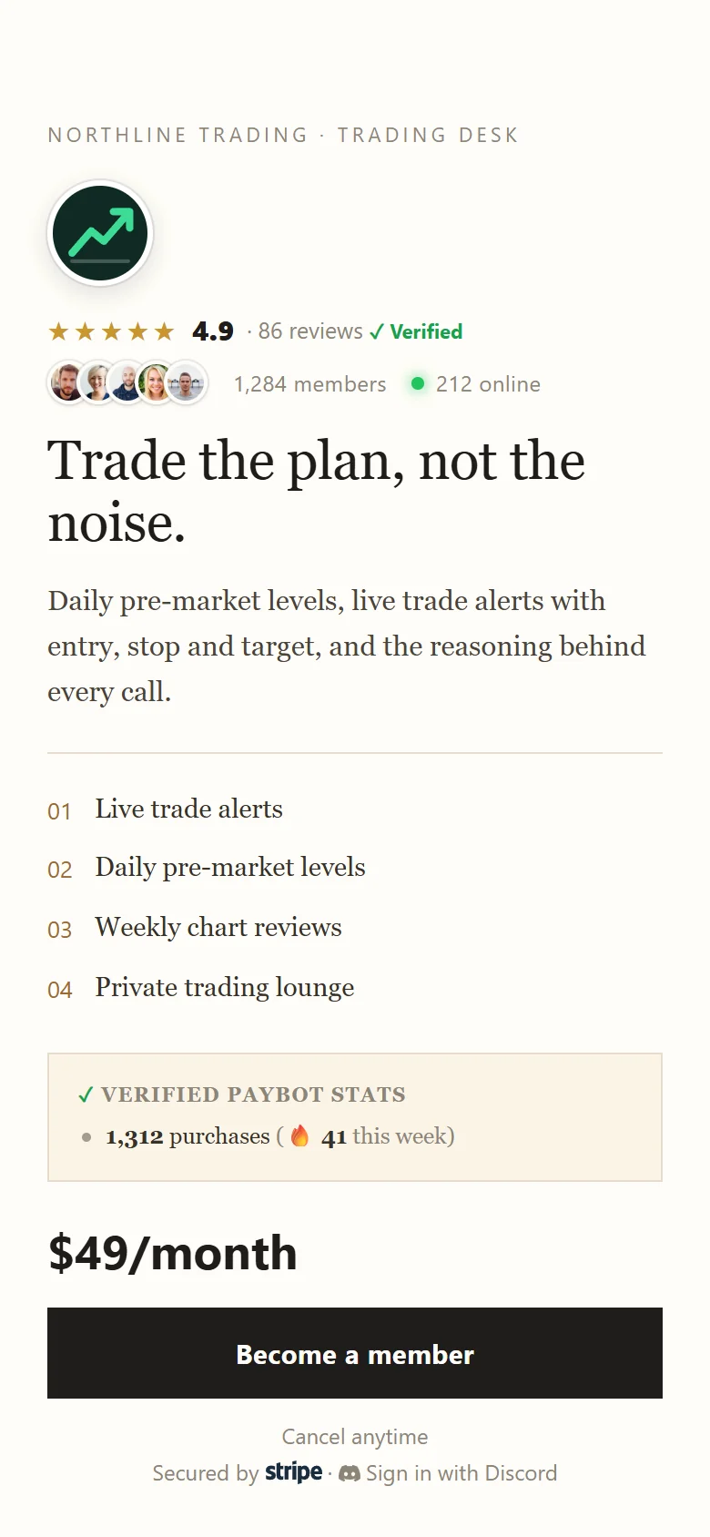 Letter payment page for a trading community: rating, live member counts, benefits and checkout button.