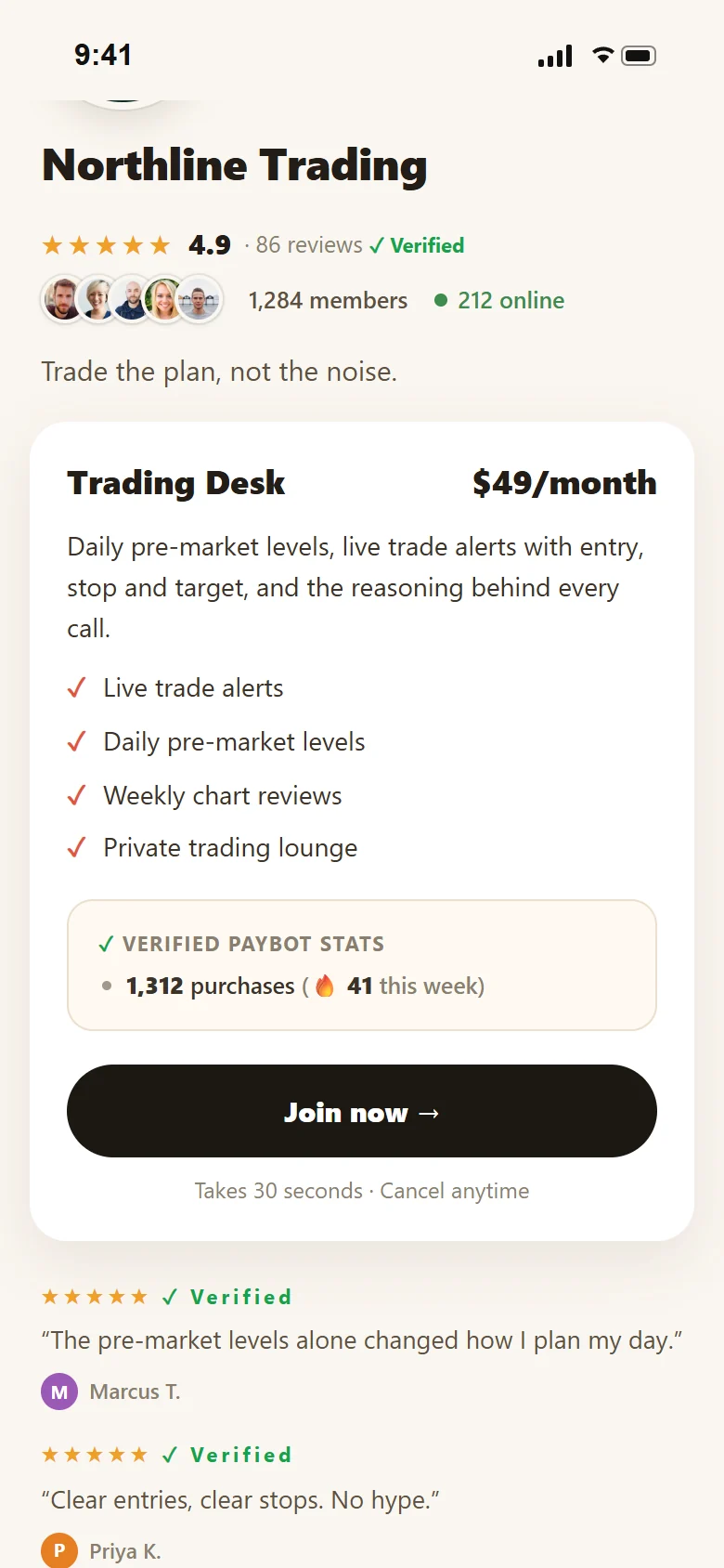 A Storefront payment page with Verified PayBot Stats and two verified reviews.