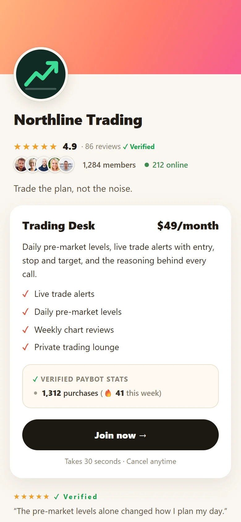 Storefront payment page for a trading community: rating, live member counts, benefits and checkout button.