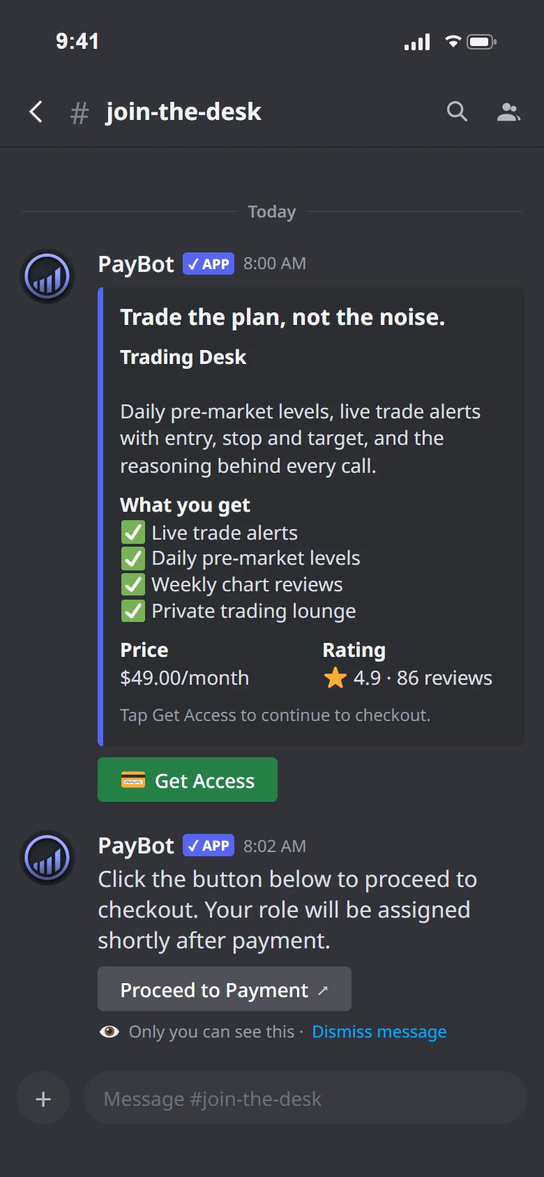 A PayBot buy post in Discord with price, rating and a green Get Access button.