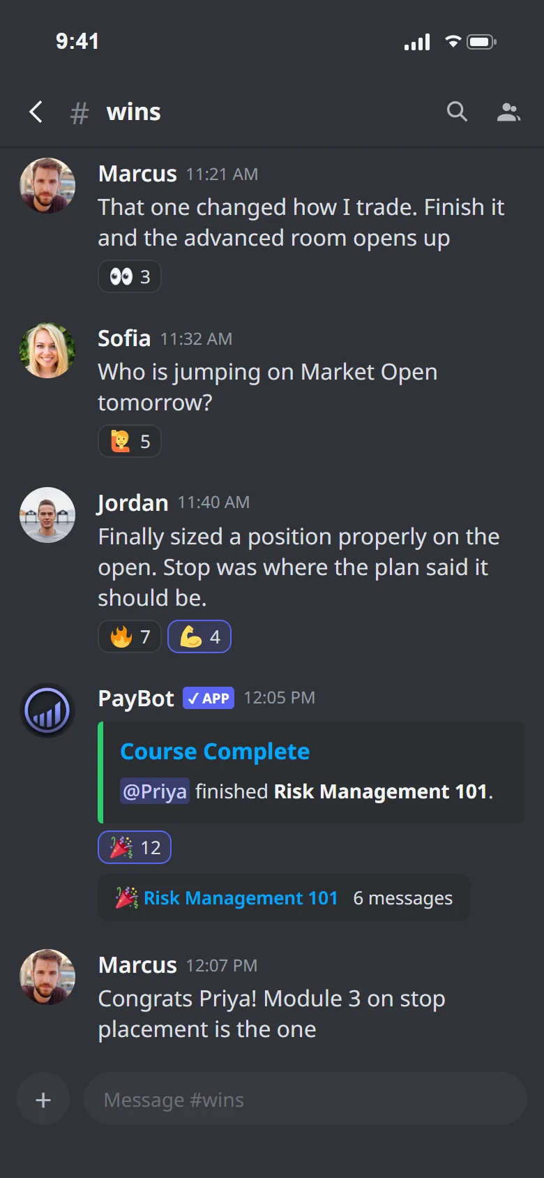 A Discord channel where PayBot announces that a member completed Risk Management 101.
