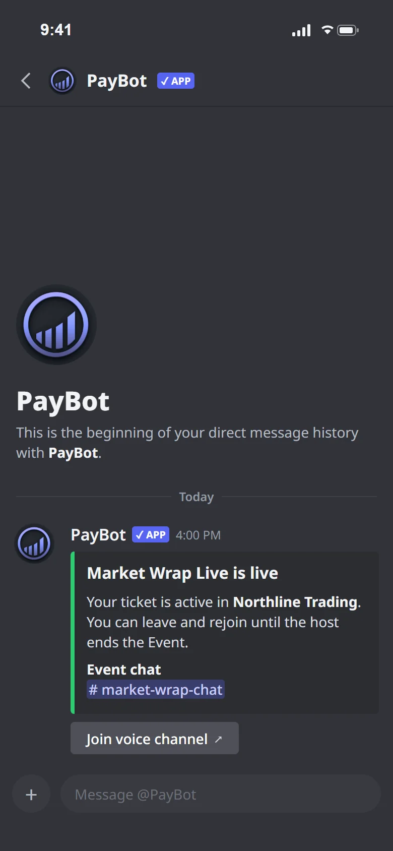 A PayBot DM saying Market Wrap Live is live, with a Join voice channel button.