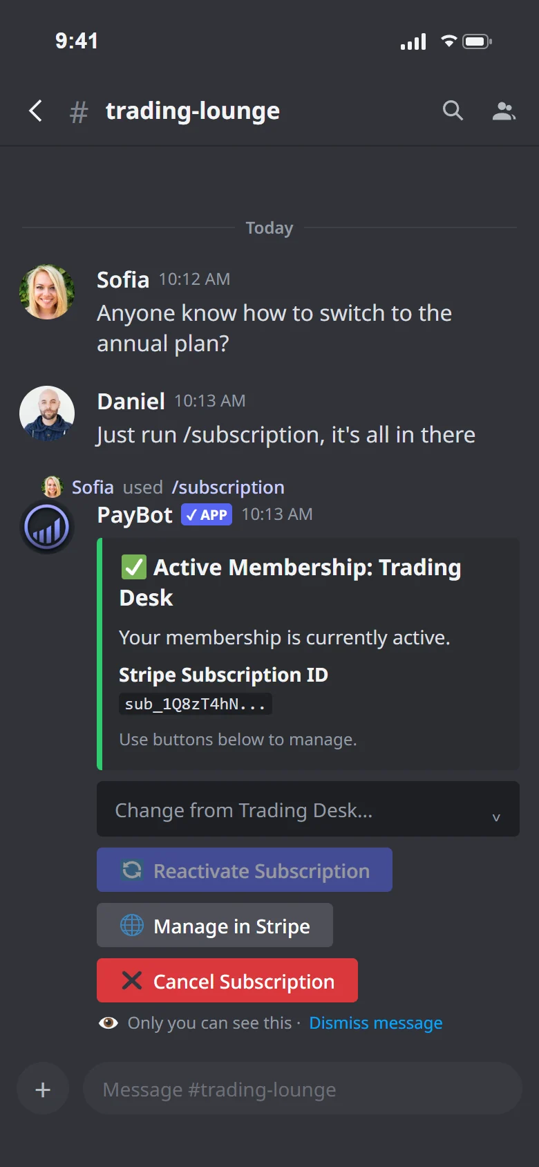 A member runs /subscription in Discord and gets their active membership with buttons to manage or cancel.