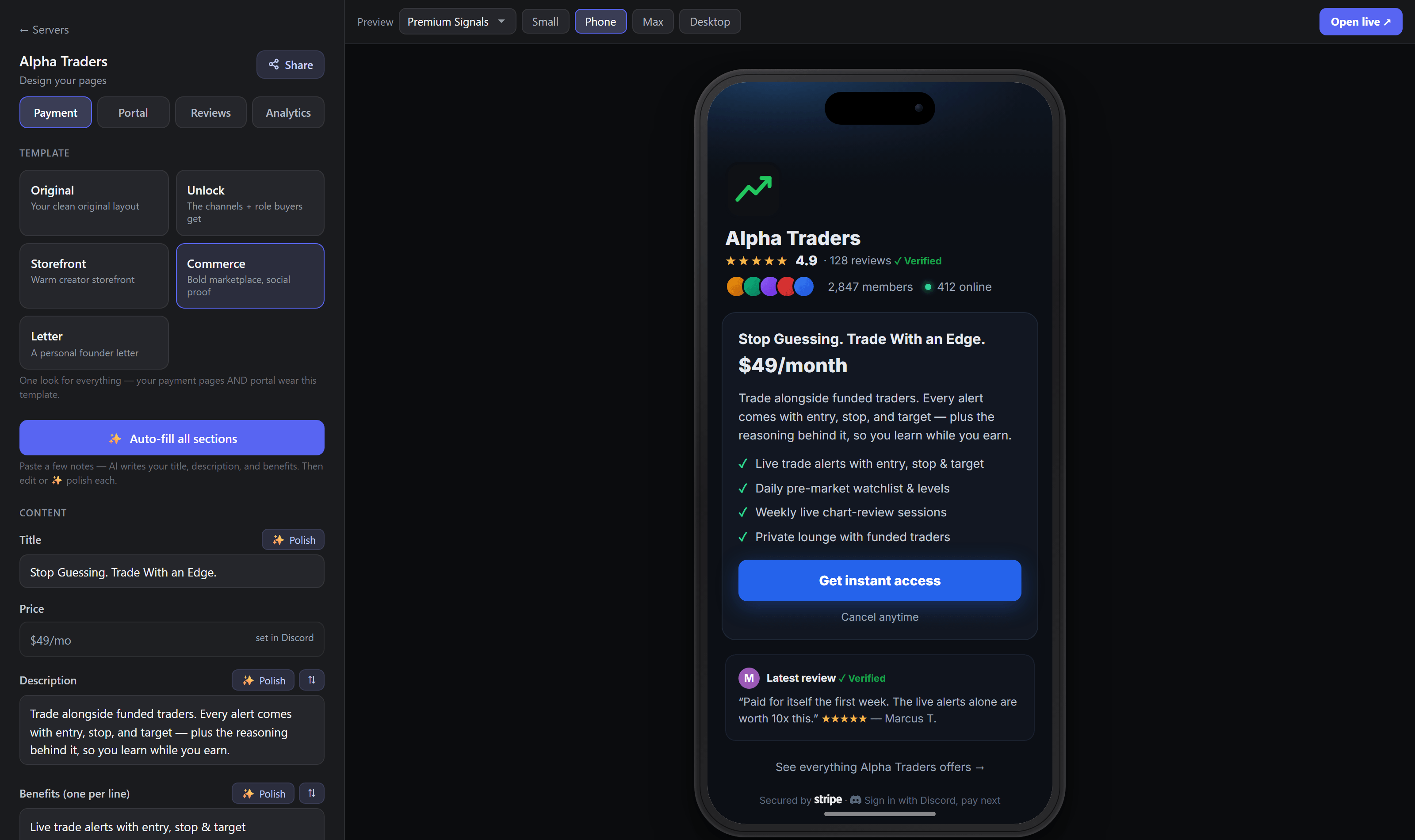 The PayBot Studio: template picker, AI copywriting, and content editors beside a live phone preview of the payment page