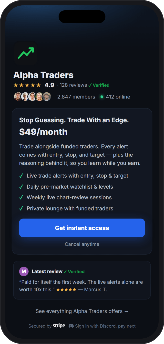 Alpha Traders payment page — verified rating, benefits, and secure Stripe checkout