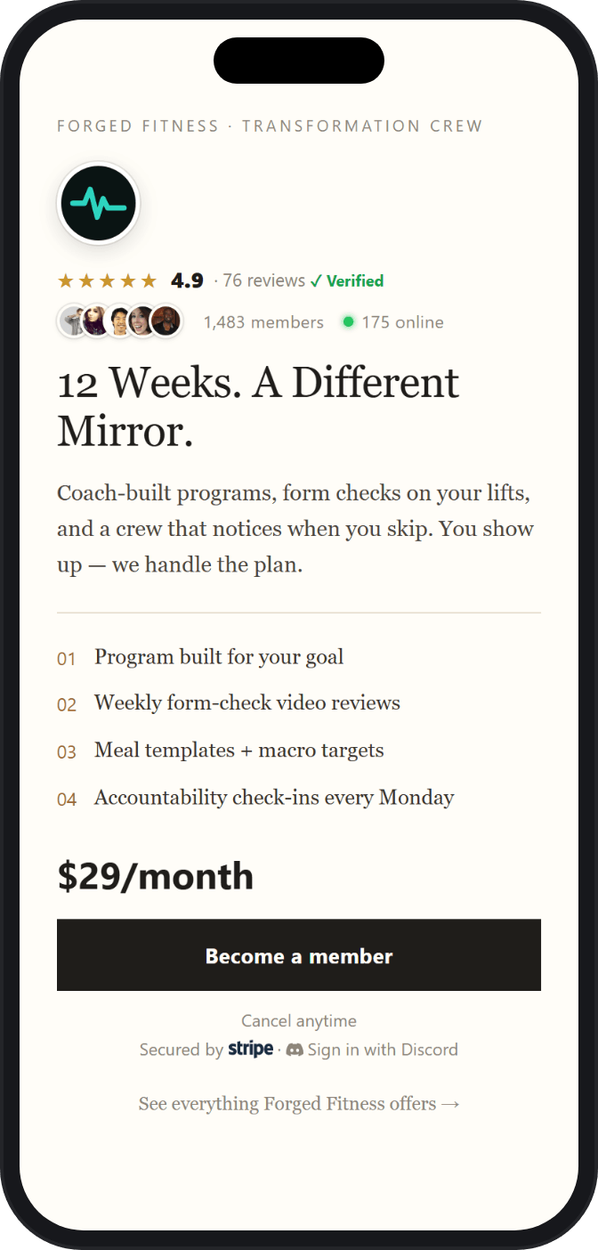 Letter template — a fitness coach's personal founder-letter payment page