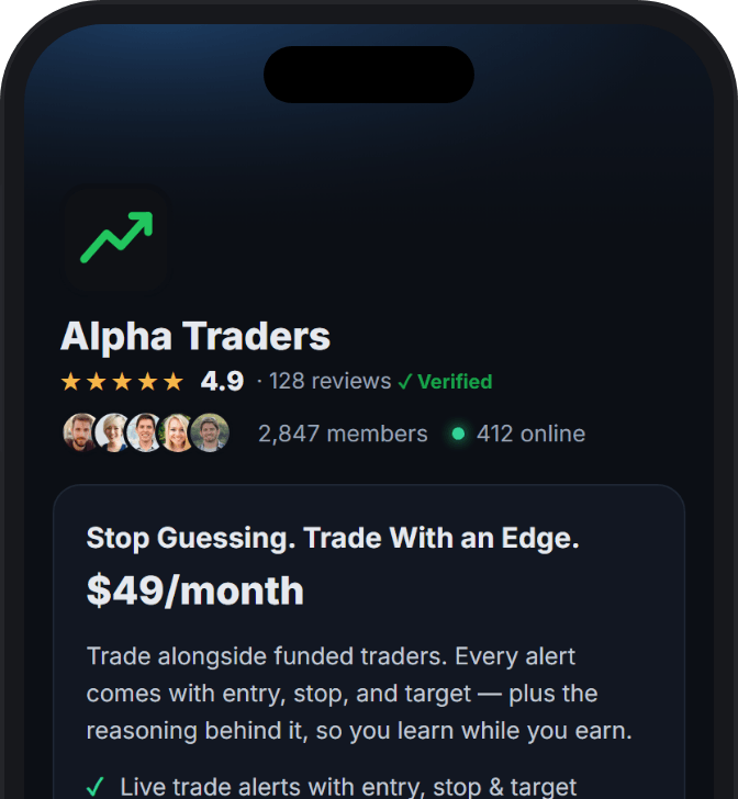 An Alpha Traders payment page rated 4.9 stars from 128 verified reviews, with member photos, live member counts, and the offer below