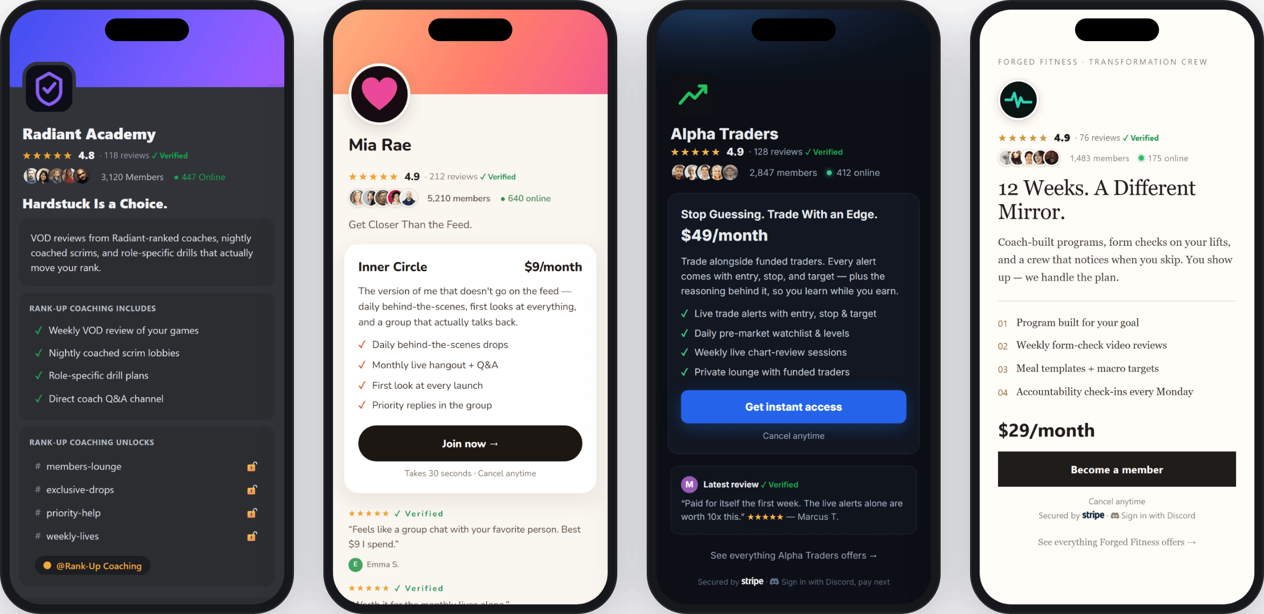 The four Studio templates across four communities: a gaming academy on Unlock, a creator on Storefront, a trading room on Commerce, and a fitness coach on Letter