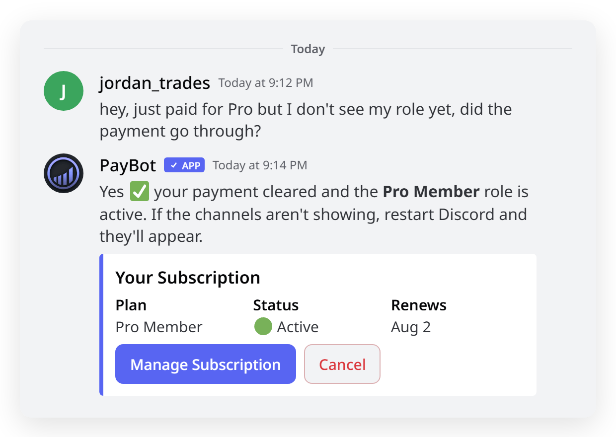 A member DMs PayBot about a payment and gets an instant answer with their subscription details